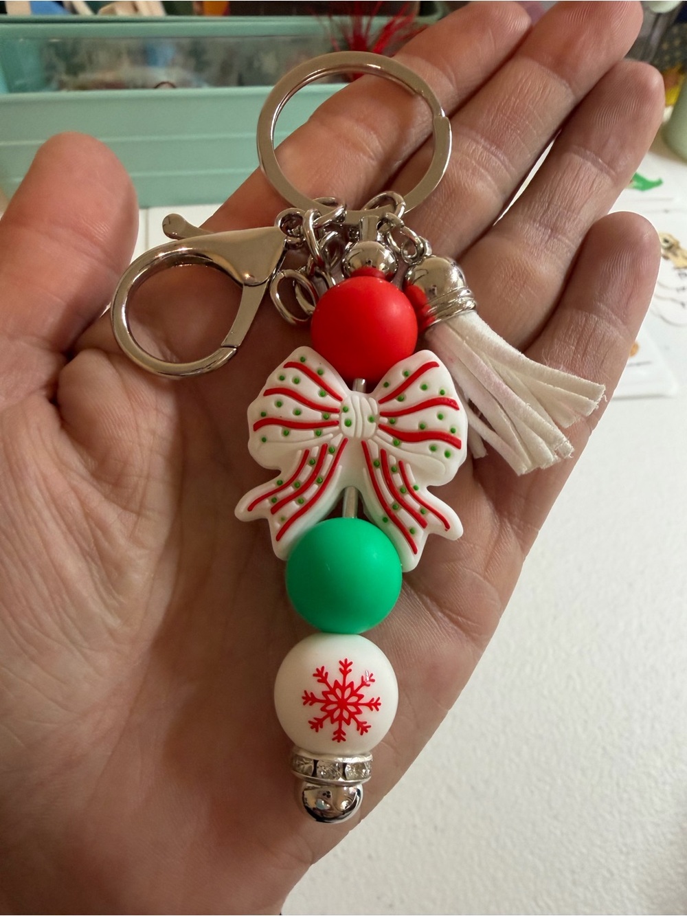 Little Debbie Tree Cake White Bow Holiday Bag Charm with Red and Green Beads